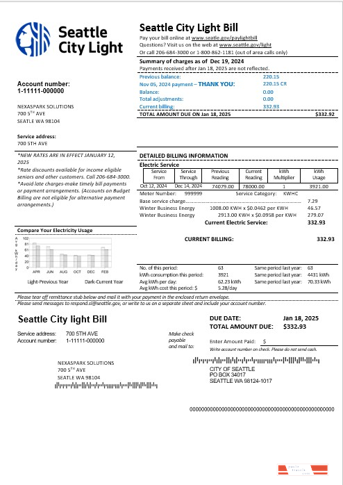 USA Washington Seattle City Light business utility bill template in Word and PDF formats